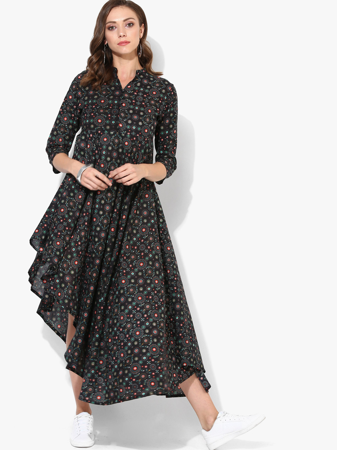 Buy Printed Band Collar High Low Flared Kurta With 3/4Th Sleeves