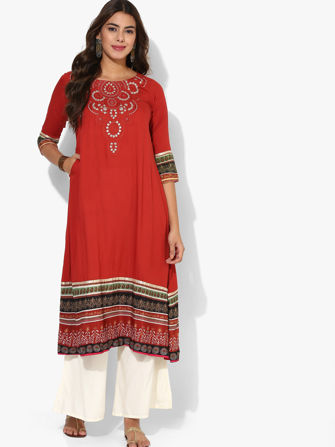 Buy Round Neck Elbow Sleeves Enbroidered Neck Flared Kurta With Palazzo