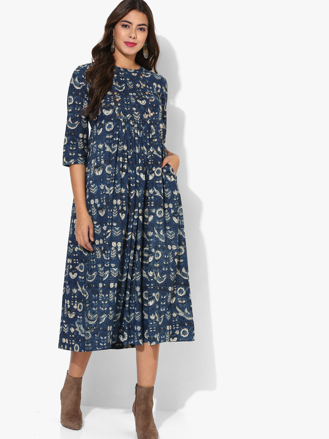 Buy Kalamkari Band Collar Flared Kurta With Ruching Deatil At Yoke And 3/4Th Sleeves Kurtas