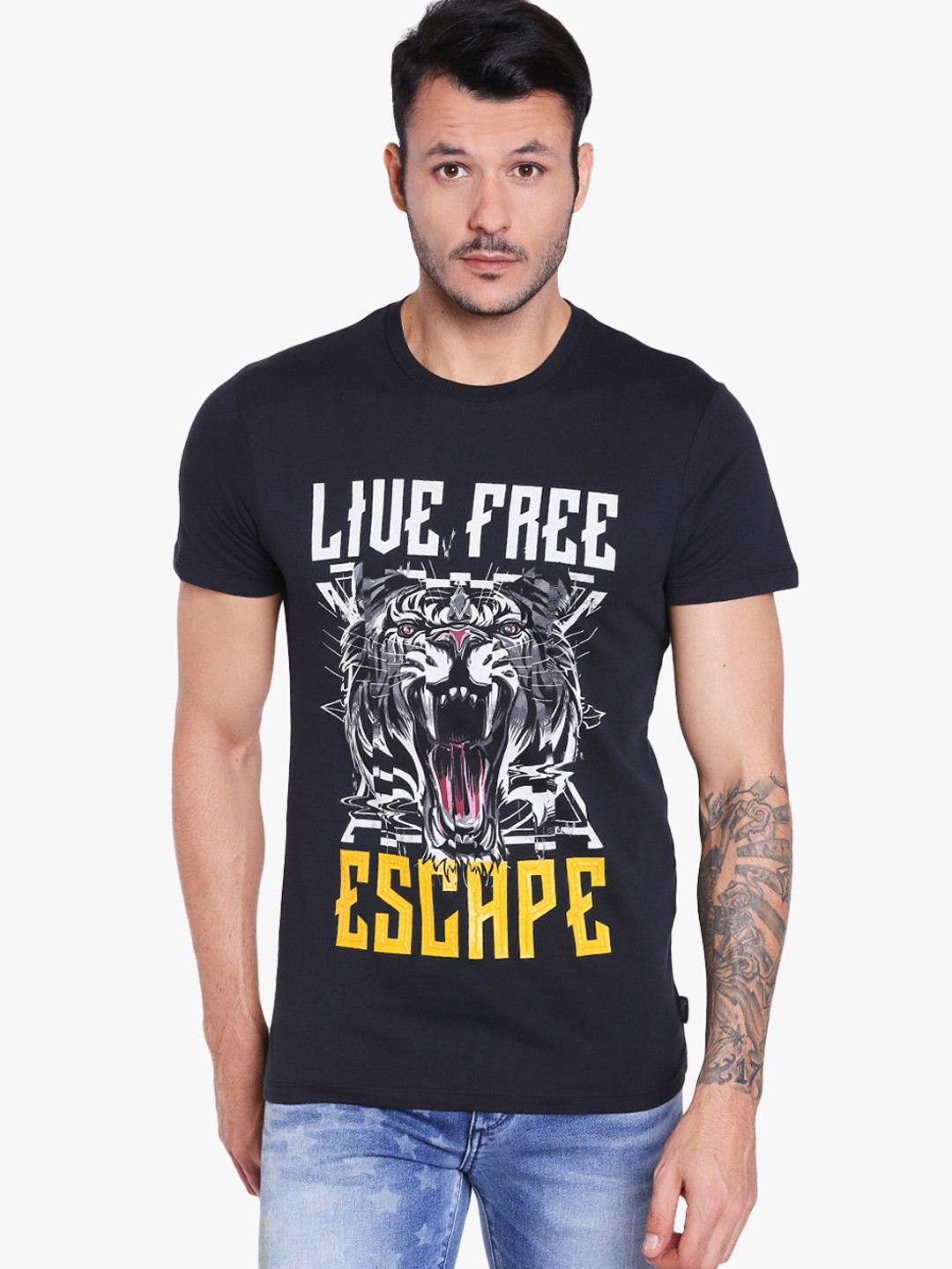 Buy Navy Blue Printed Slim Fit Round Neck T Shirt Tshirts for Men 7678093 Myntra