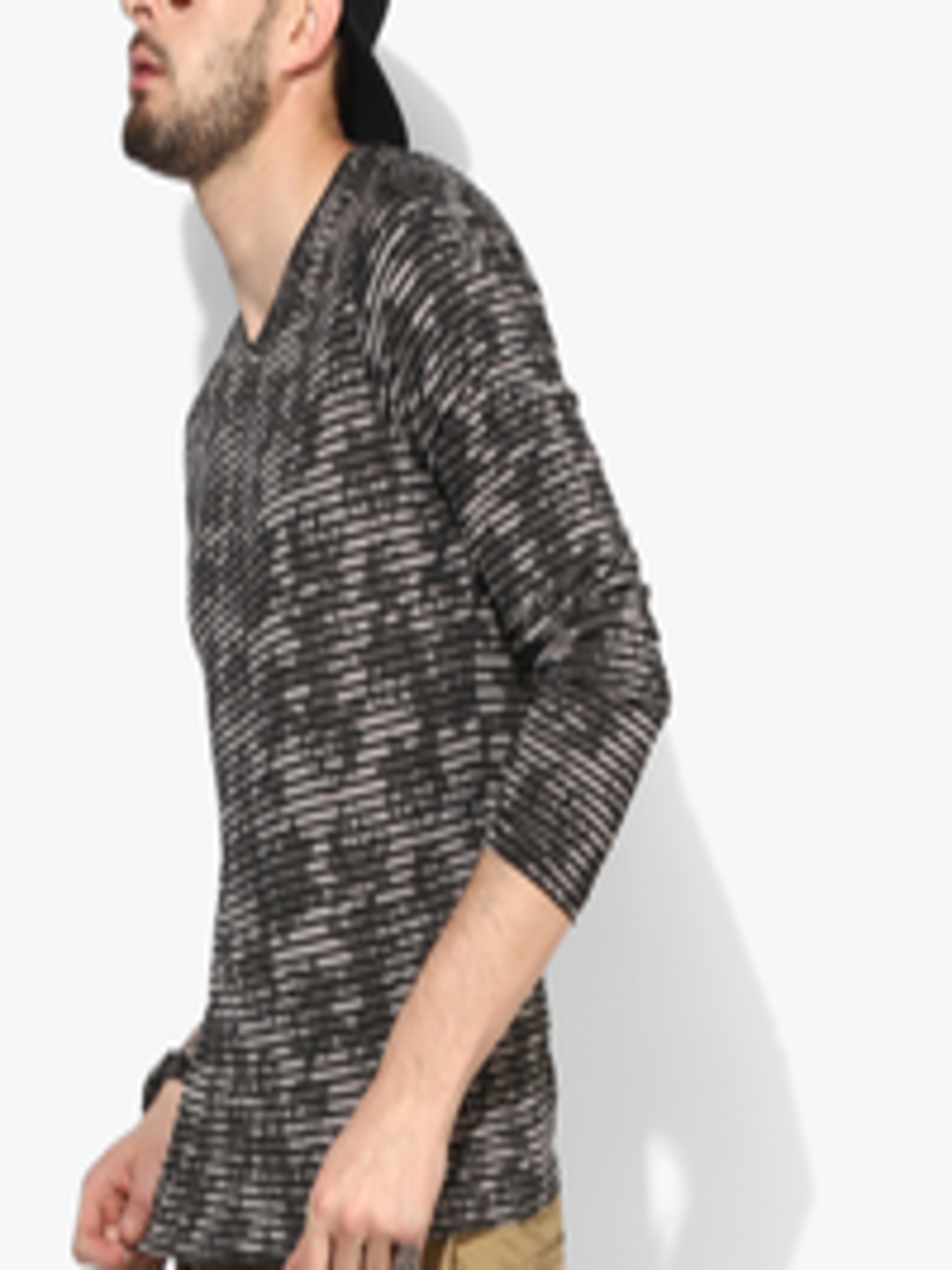 Buy Dark Grey Striped Slim Fit V Neck T Shirt - Tshirts for Men 7678732 ...