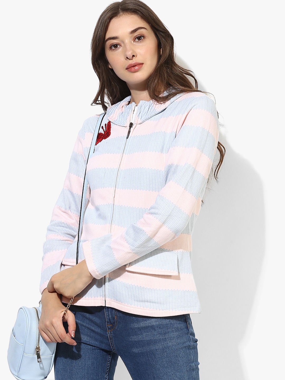 Buy Light Blue Striped Sweat Jacket - Jackets for Women 7677772 | Myntra