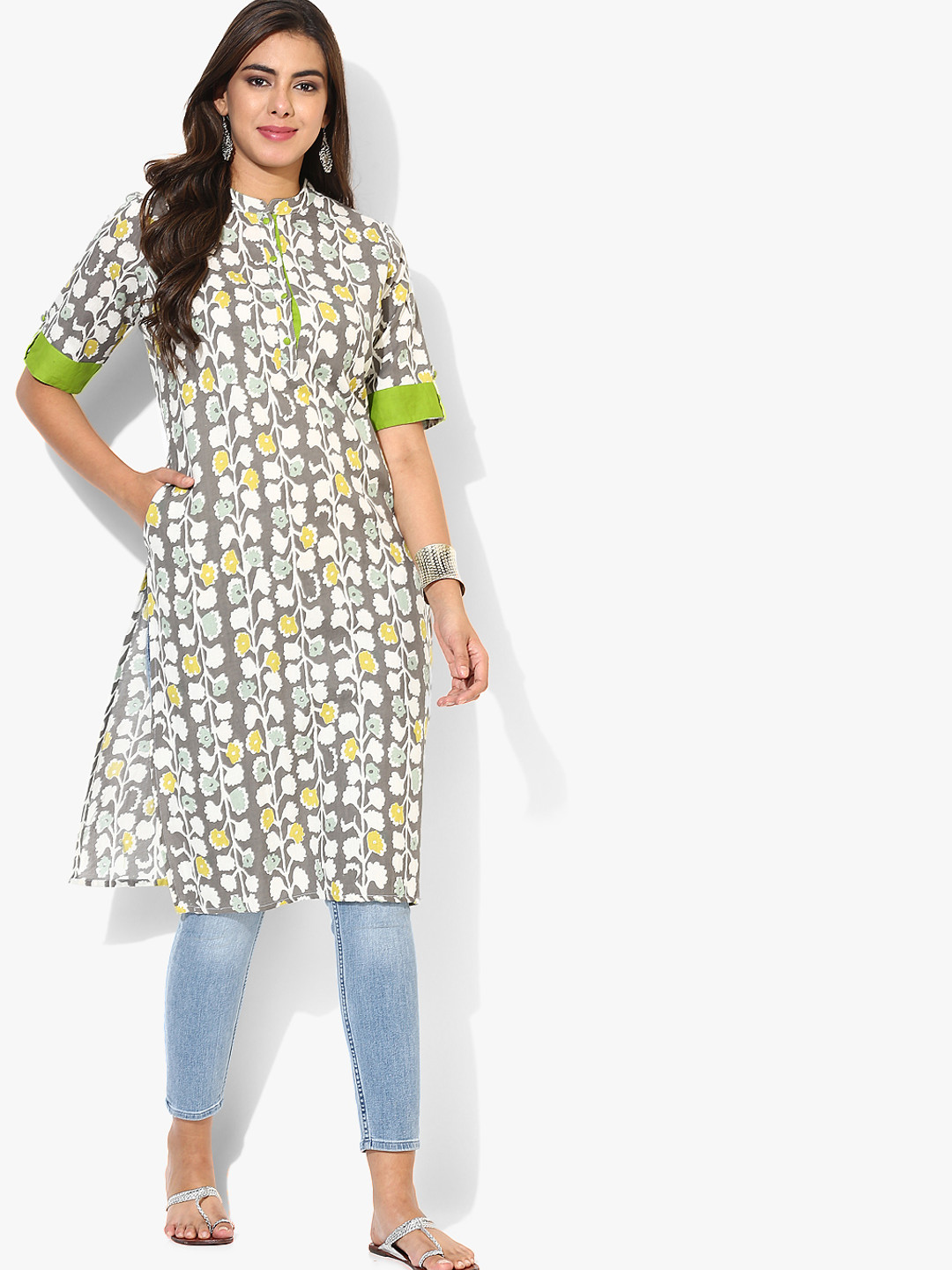 Buy Printed Band Collar Straight Fit Kurta With Elbow Length Sleeves Kurtas for Women 7695403