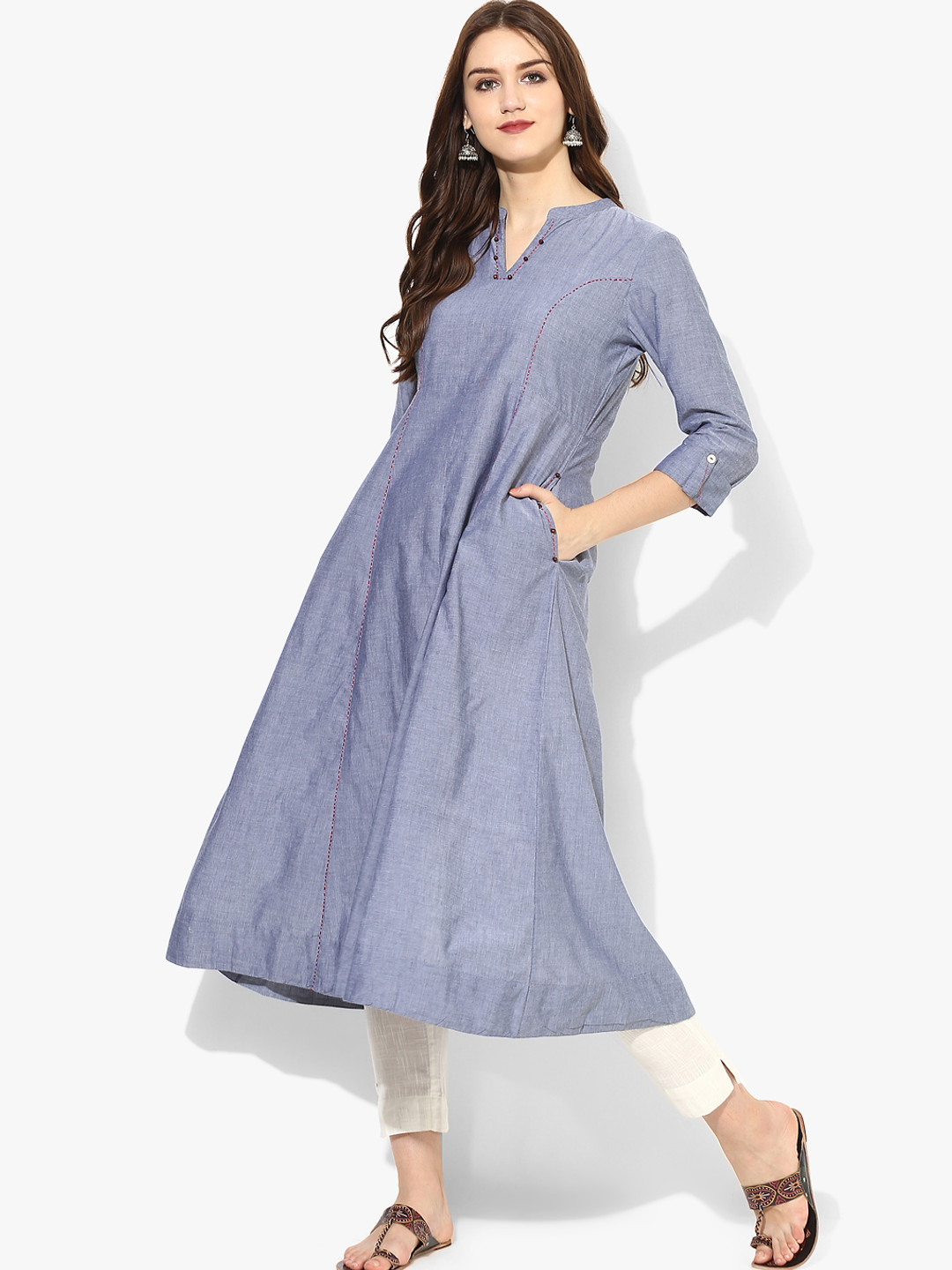 Buy Band Collar Chambray Flared Kurta Kurtas for Women 7695373 Myntra