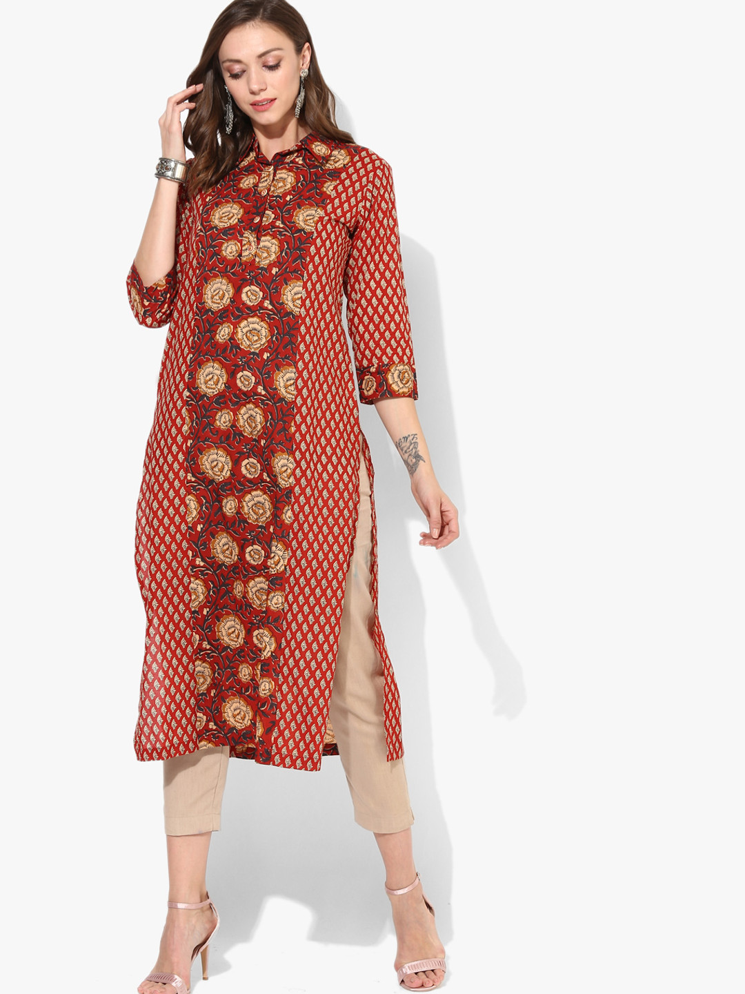 Buy Red Printed Shirt Collar Kurta With 3/4th Sleeves Kurtas for