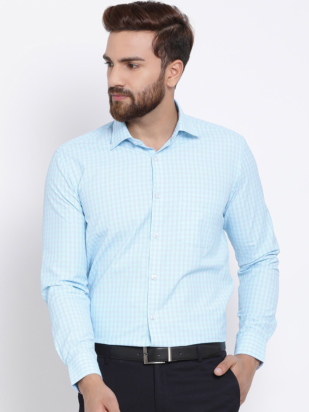 Buy Richlook Men Turquoise Blue Regular Fit Checked Formal Shirt ...