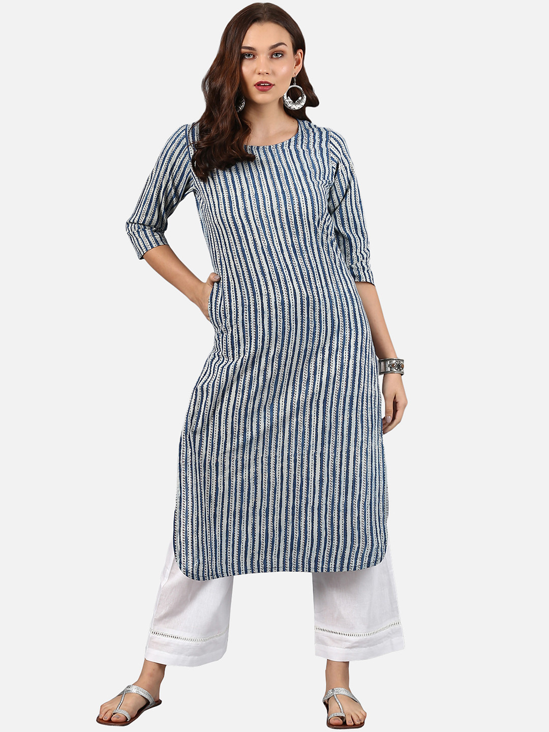 Buy Janasya Women Blue & White Striped Kurta With Palazzos Kurta Sets for Women 7725046 Myntra