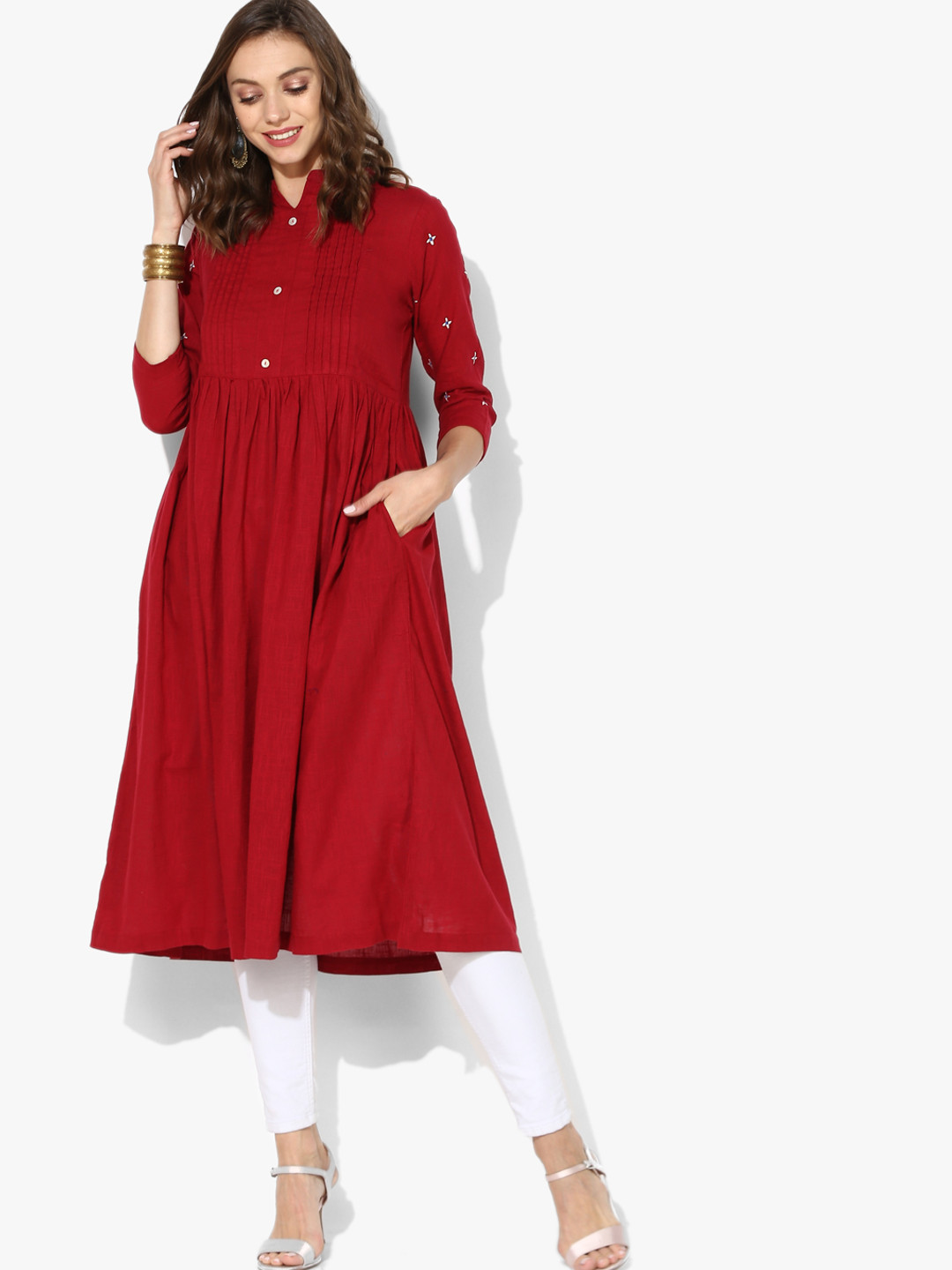 Buy Embroidered Band Collar Flared Kurta With 3/4Th Sleeves Kurtas