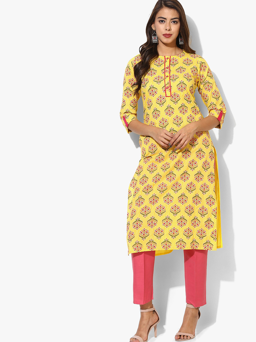 Buy Printed Round Neck Straight Fit Kurta With 3/4th Rolled Up Sleeves