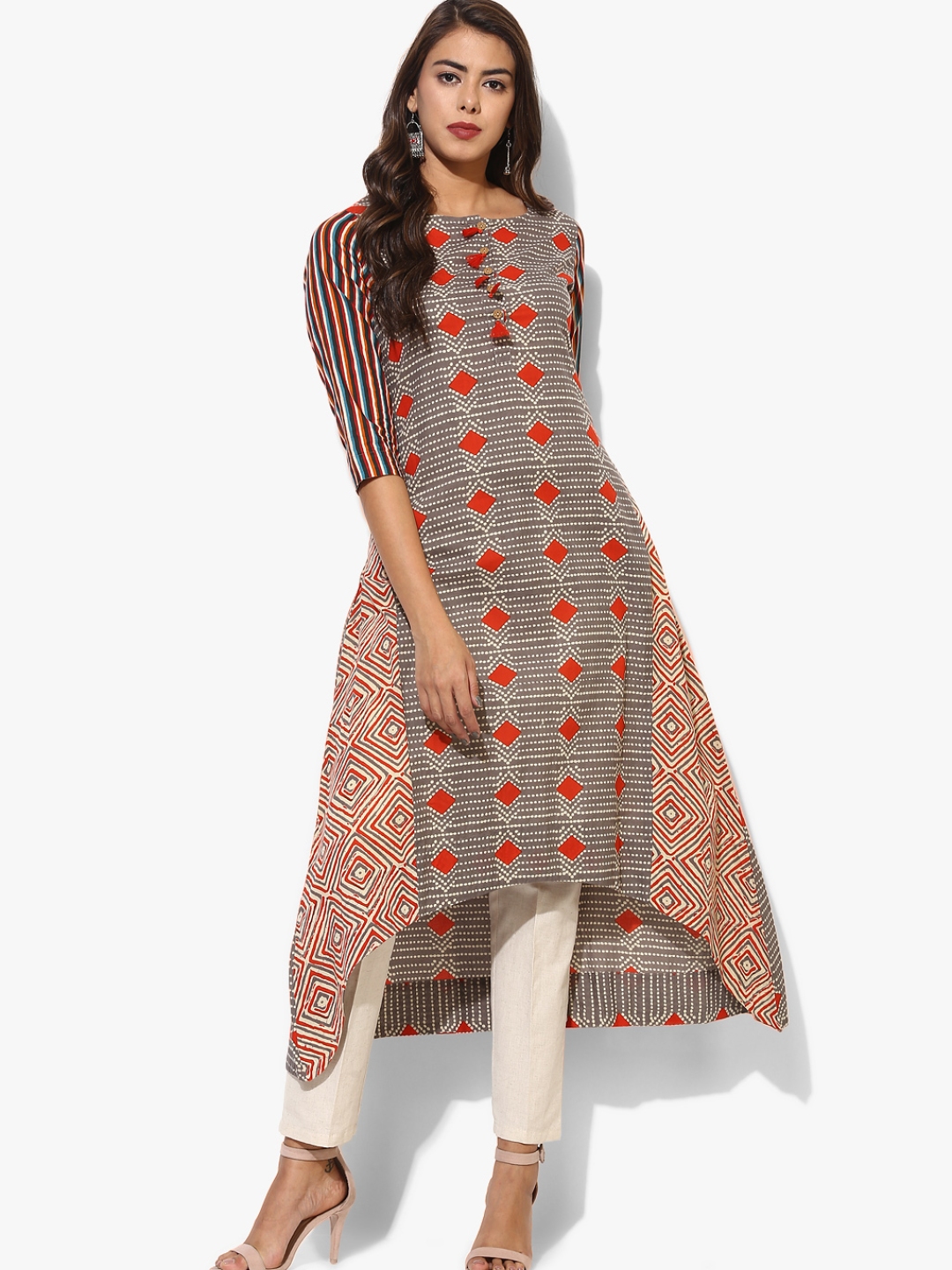 Buy Round Neck Printed Panelled A Line Kurta With Elbow Sleeves ...