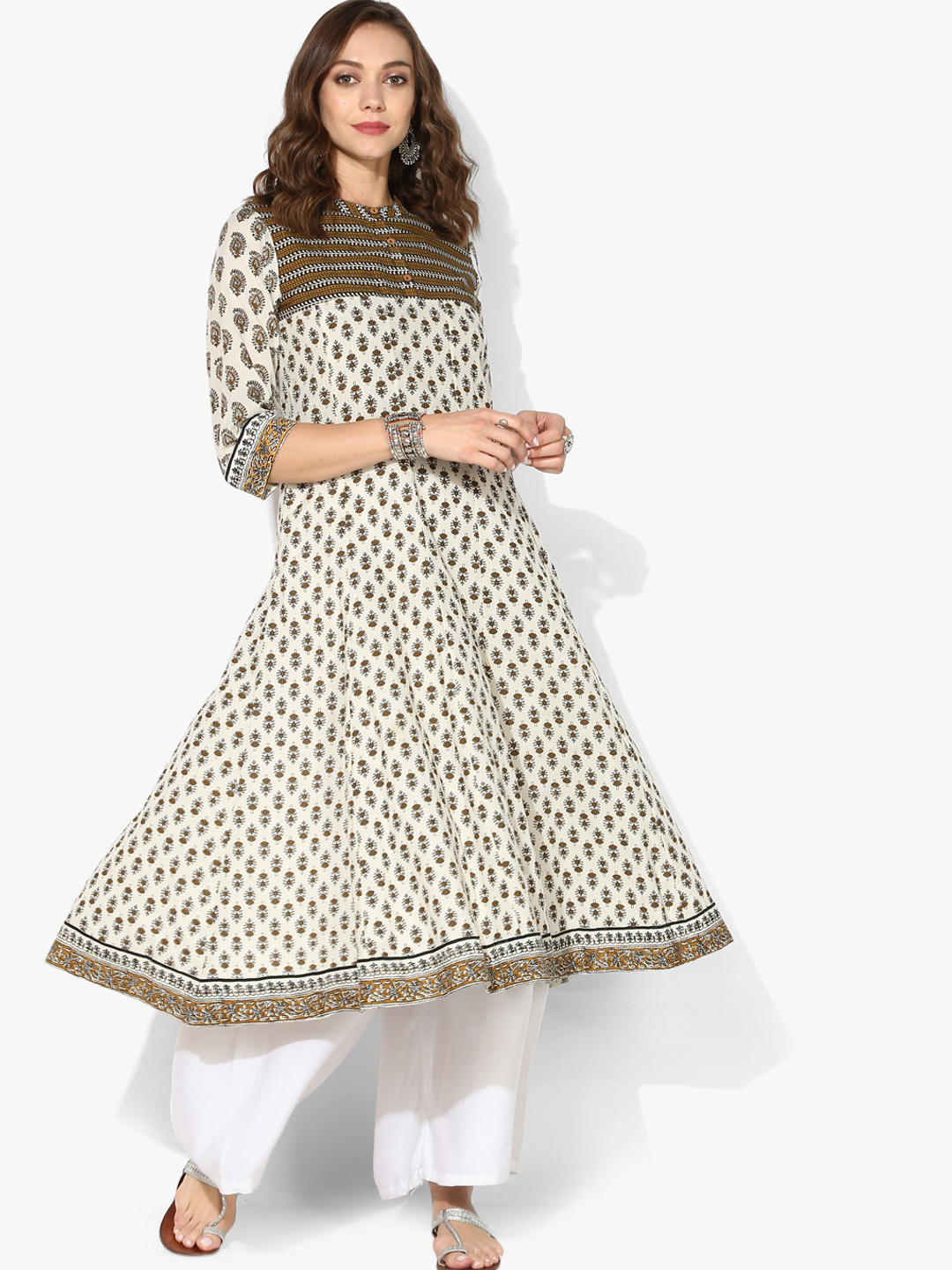 Buy Block Printed Band Collar Anarkali With 3/4th Sleeves Kurtas for