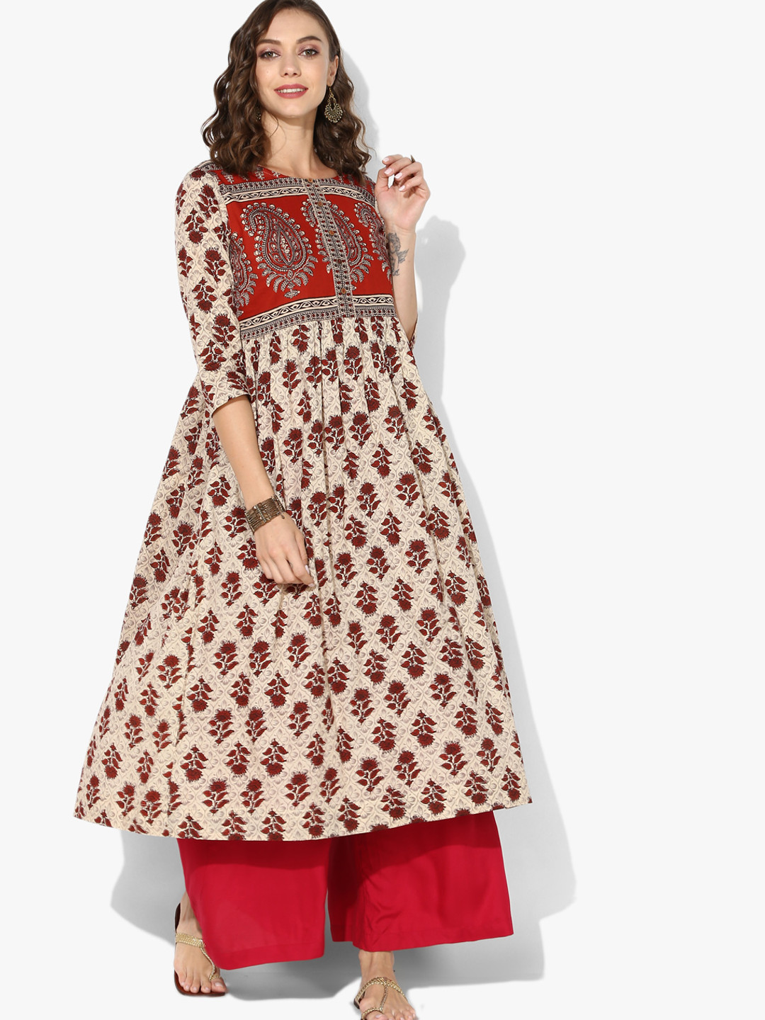 Buy Printed Round Neck Flared Kurta With Gathered Detail And 3/4th