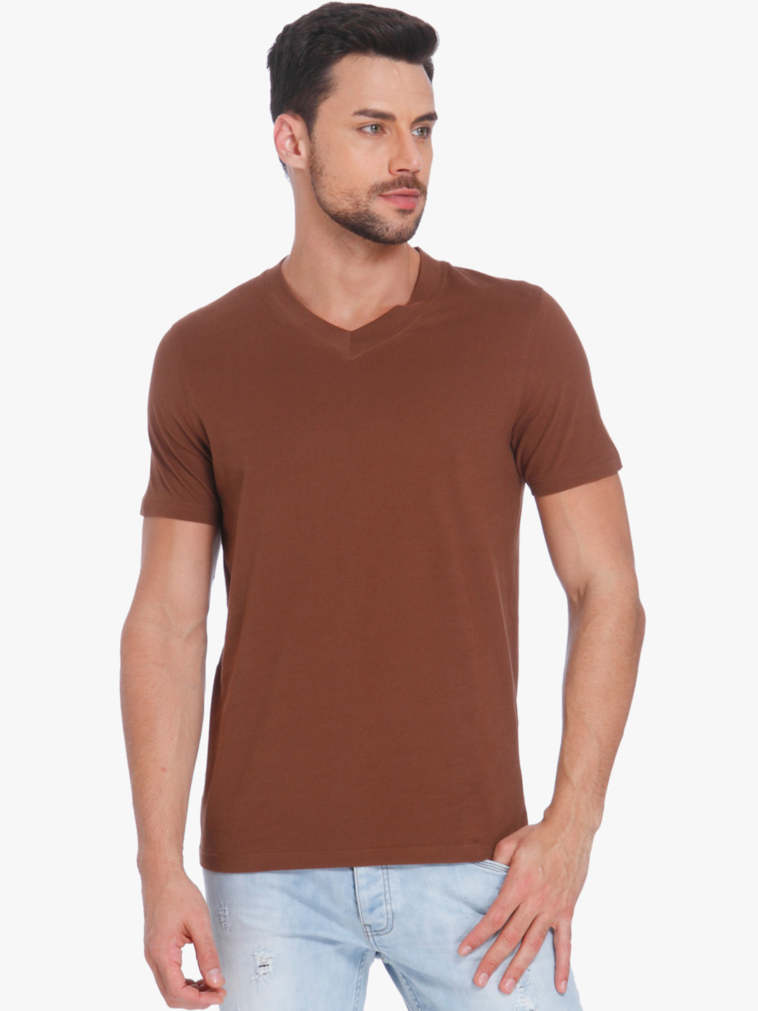 Buy Brown Solid Slim Fit V Neck T Shirt Tshirts for Men 7569893 Myntra