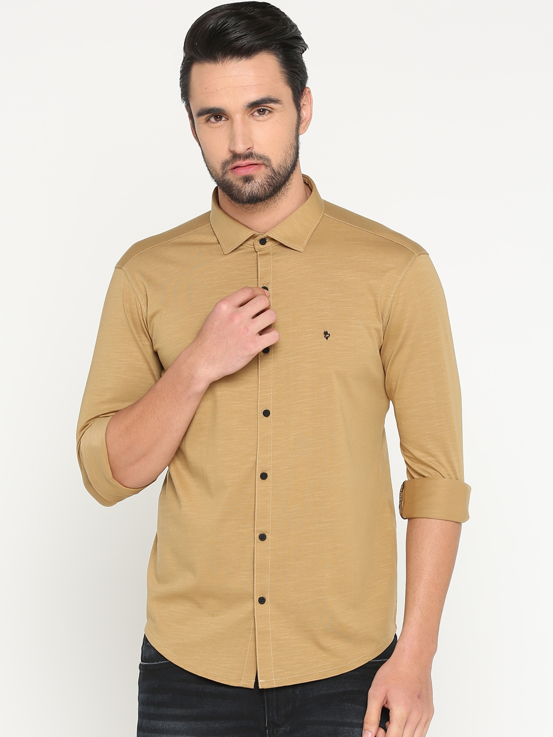 Buy SHOWOFF Men Khaki Coloured Solid Slim Fit Casual Shirt - Shirts for ...