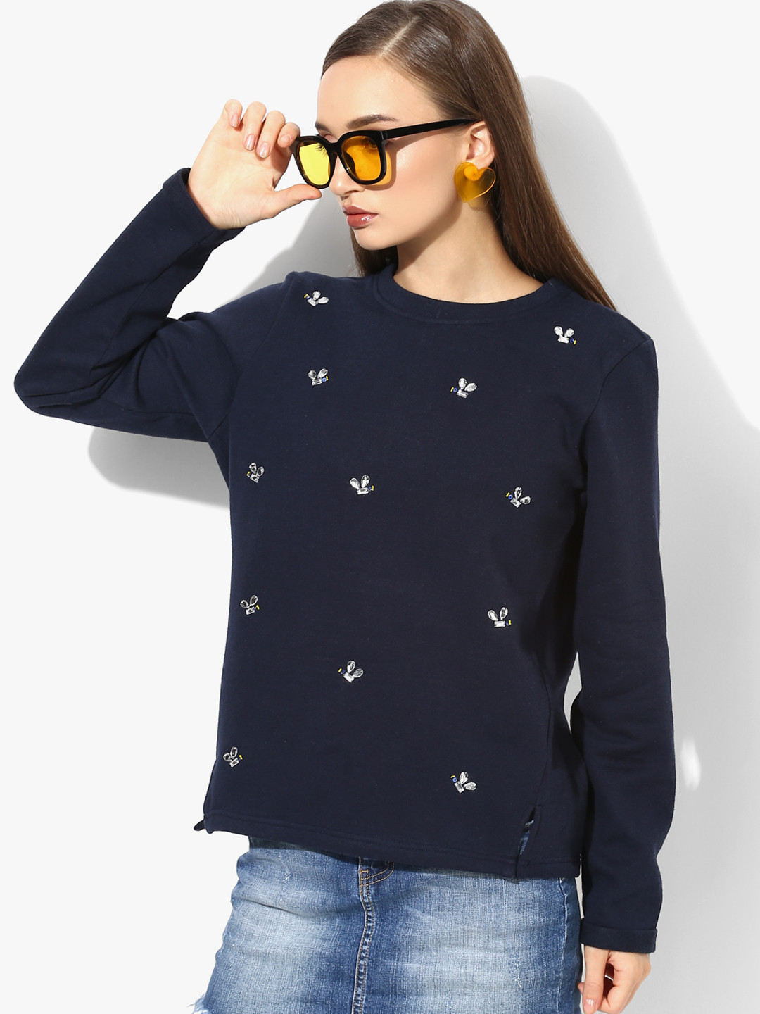 Buy Antheaa Navy Blue Self Design Sweatshirt Sweatshirts for Women