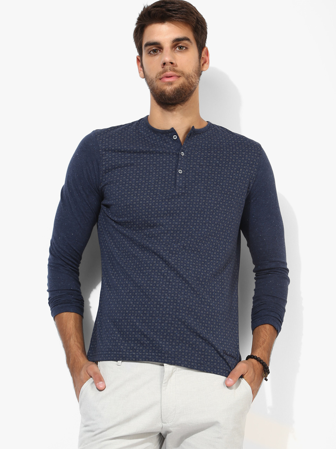 Buy Navy Blue Printed Slim Fit Henley T Shirt Tshirts for Men 7932619