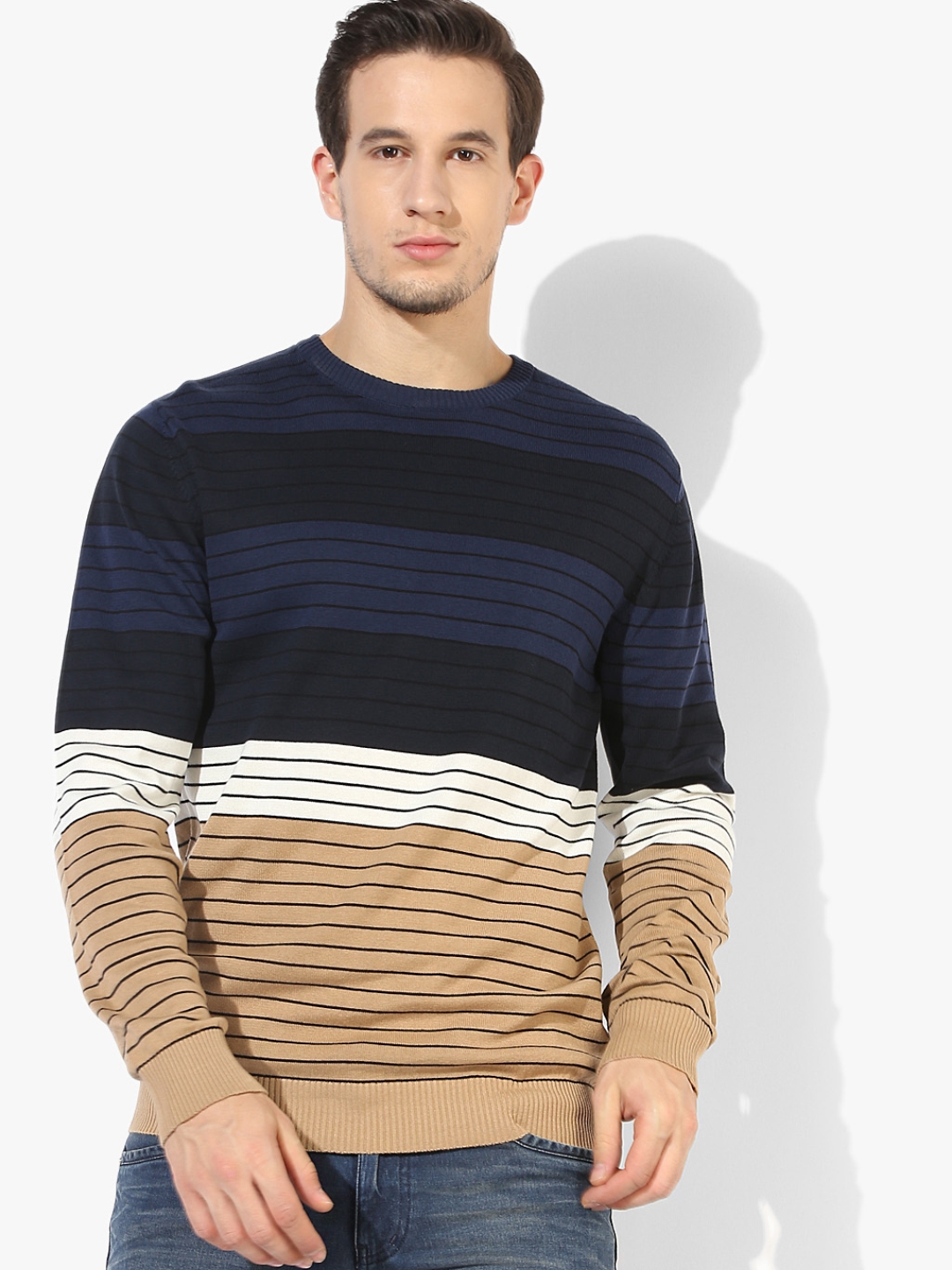 Buy Navy Blue Striped Regular Fit Sweater - Sweaters for Men 7939471 ...