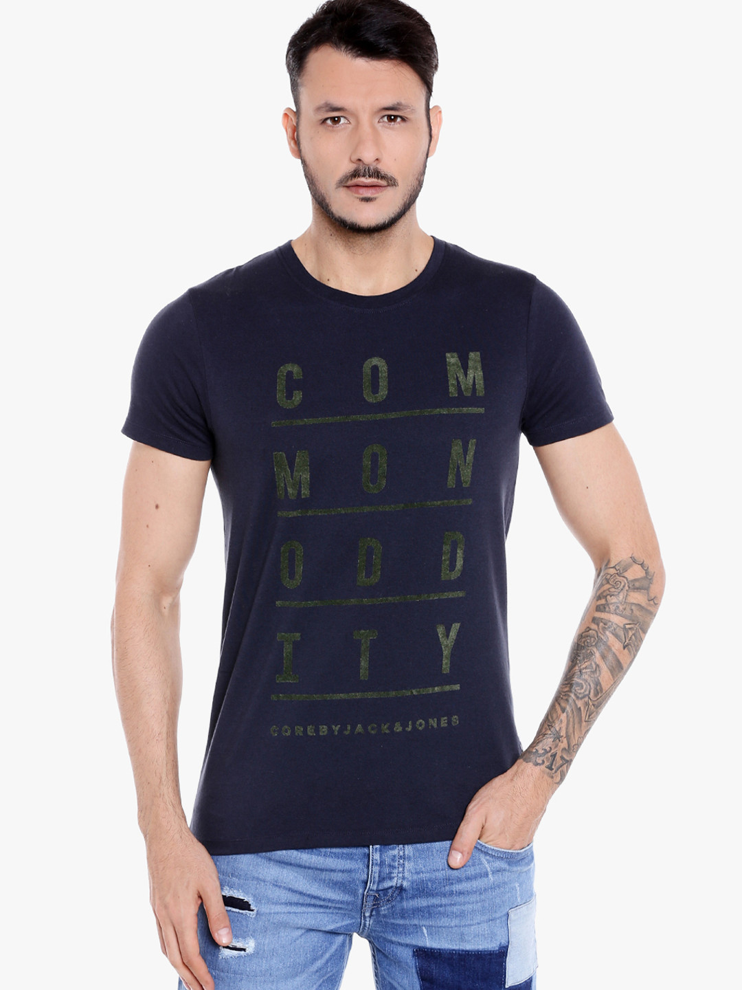 Buy Navy Blue Printed Slim Fit Round Neck T Shirt Tshirts for Men 7949389 Myntra