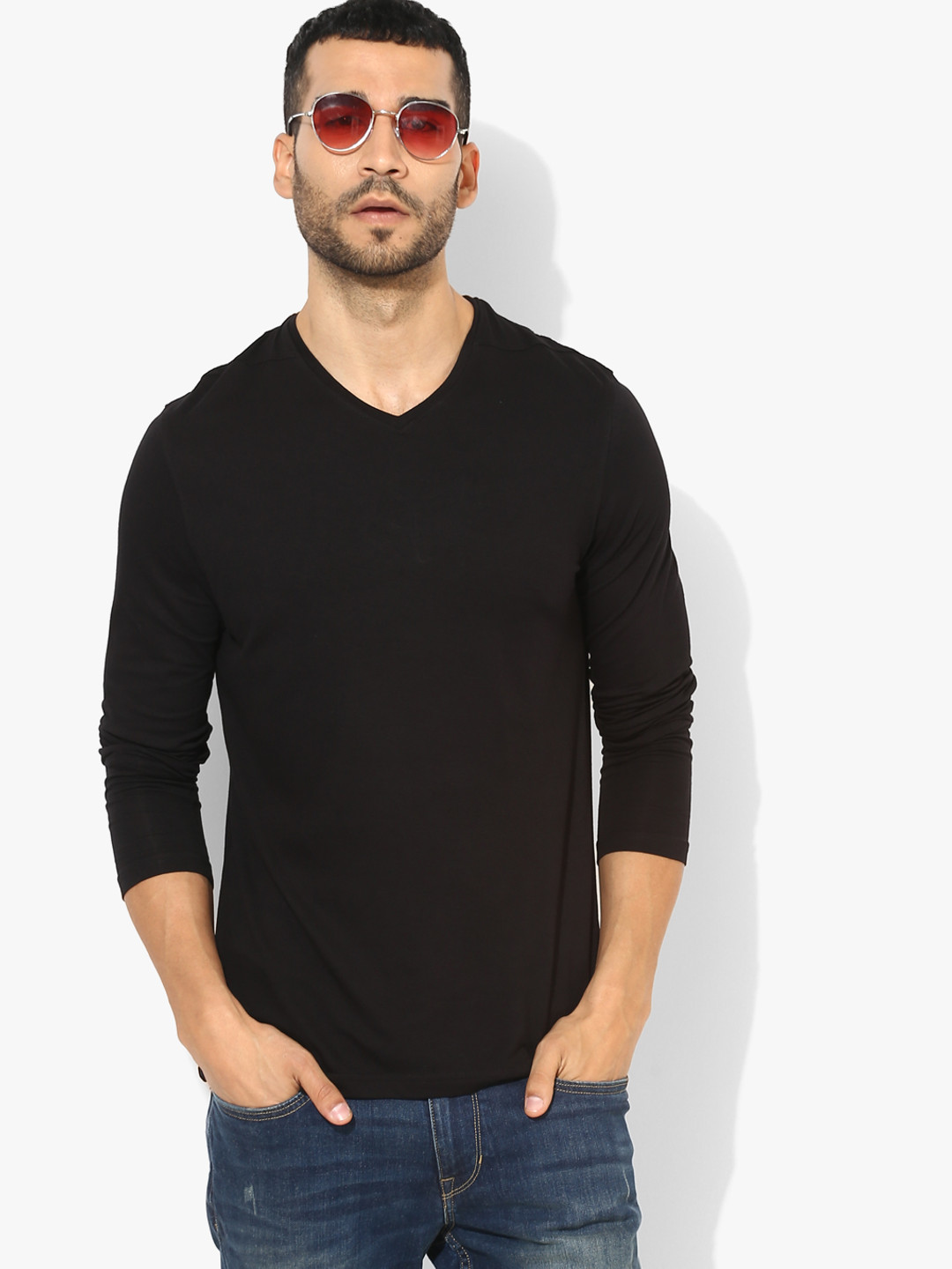 Buy Black Solid Regular Fit V Neck T Shirt Tshirts for Men 7947451