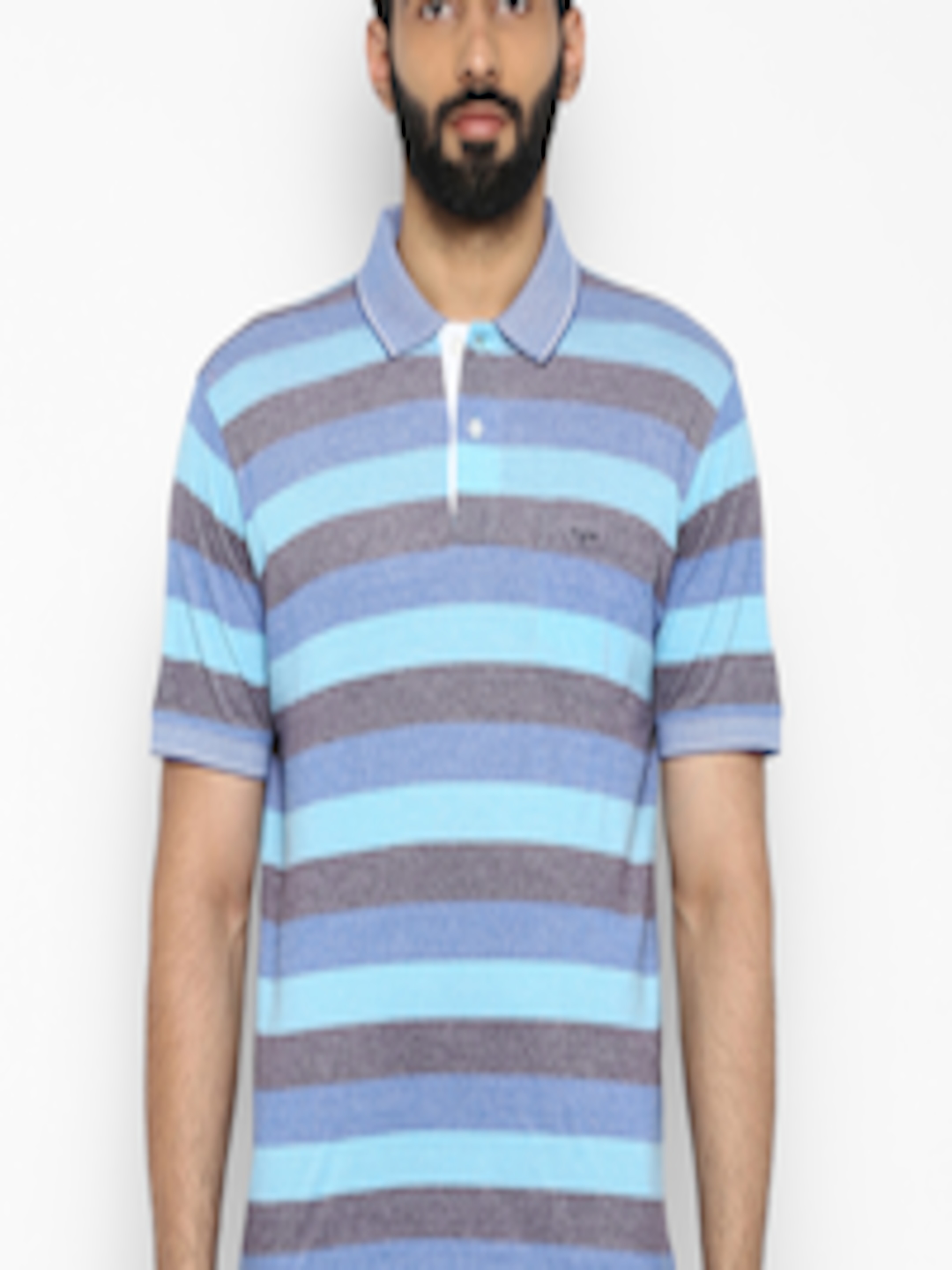 Buy ColorPlus Men Blue Grey Striped Polo Collar Pure Cotton T Shirt ...