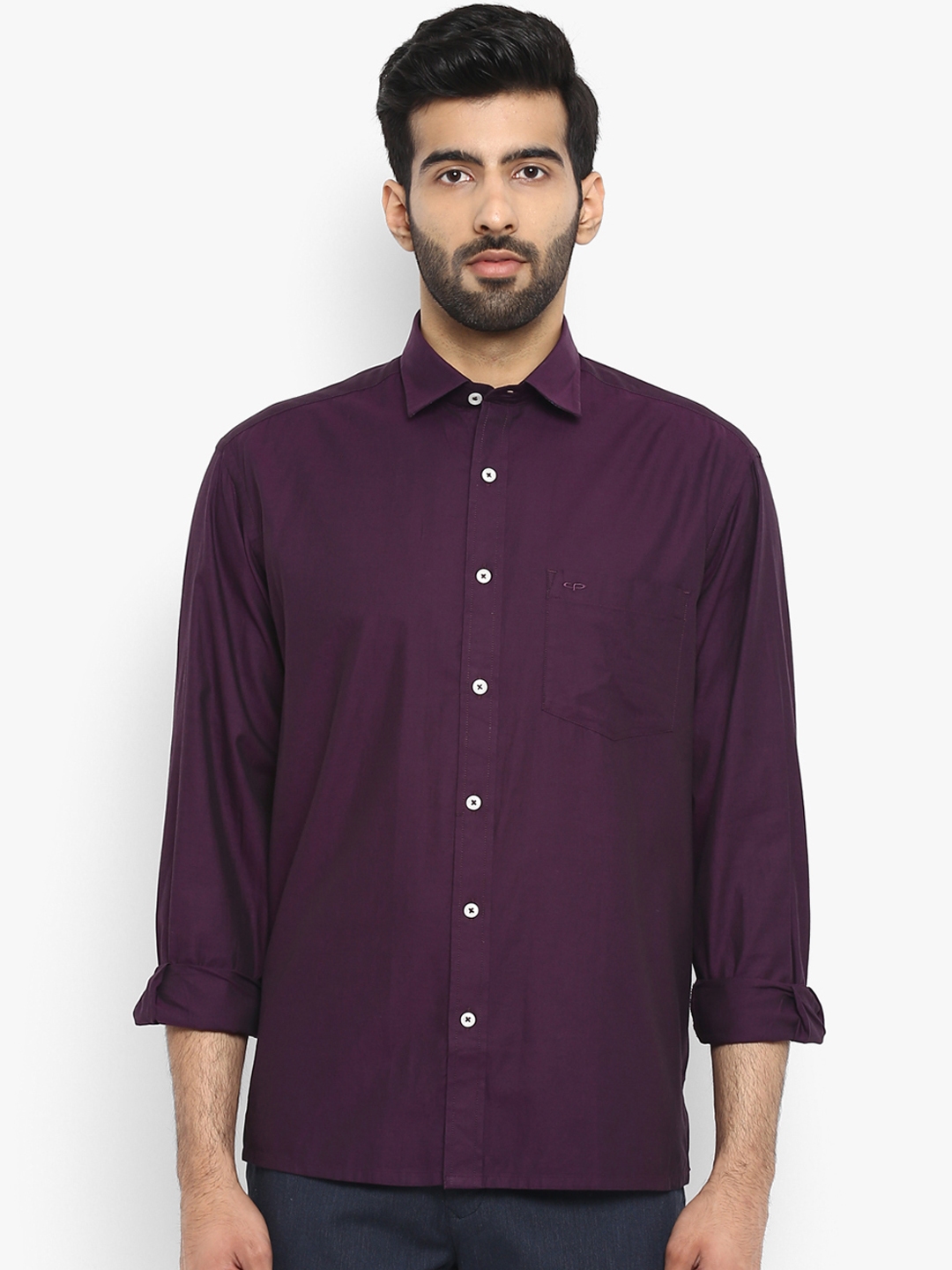 violet shirt with black pants