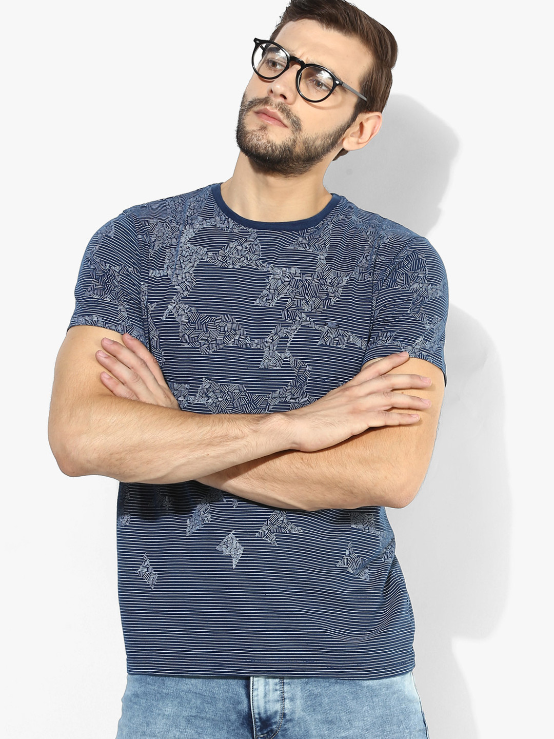 Buy Navy Blue Printed Slim Fit Round Neck T Shirt - Tshirts for Men ...
