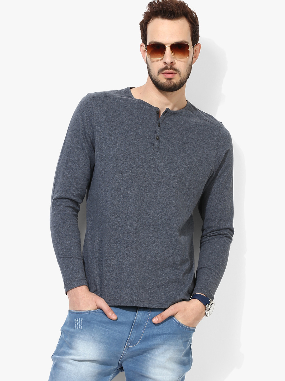 Buy Dark Grey Textured Slim Fit Henley T Shirt Tshirts for Men