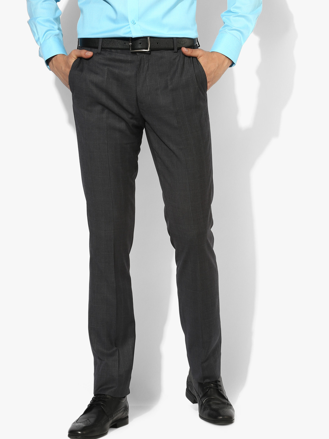 Buy Dark Grey Checked Regular Fit Formal Trouser Trousers for Men