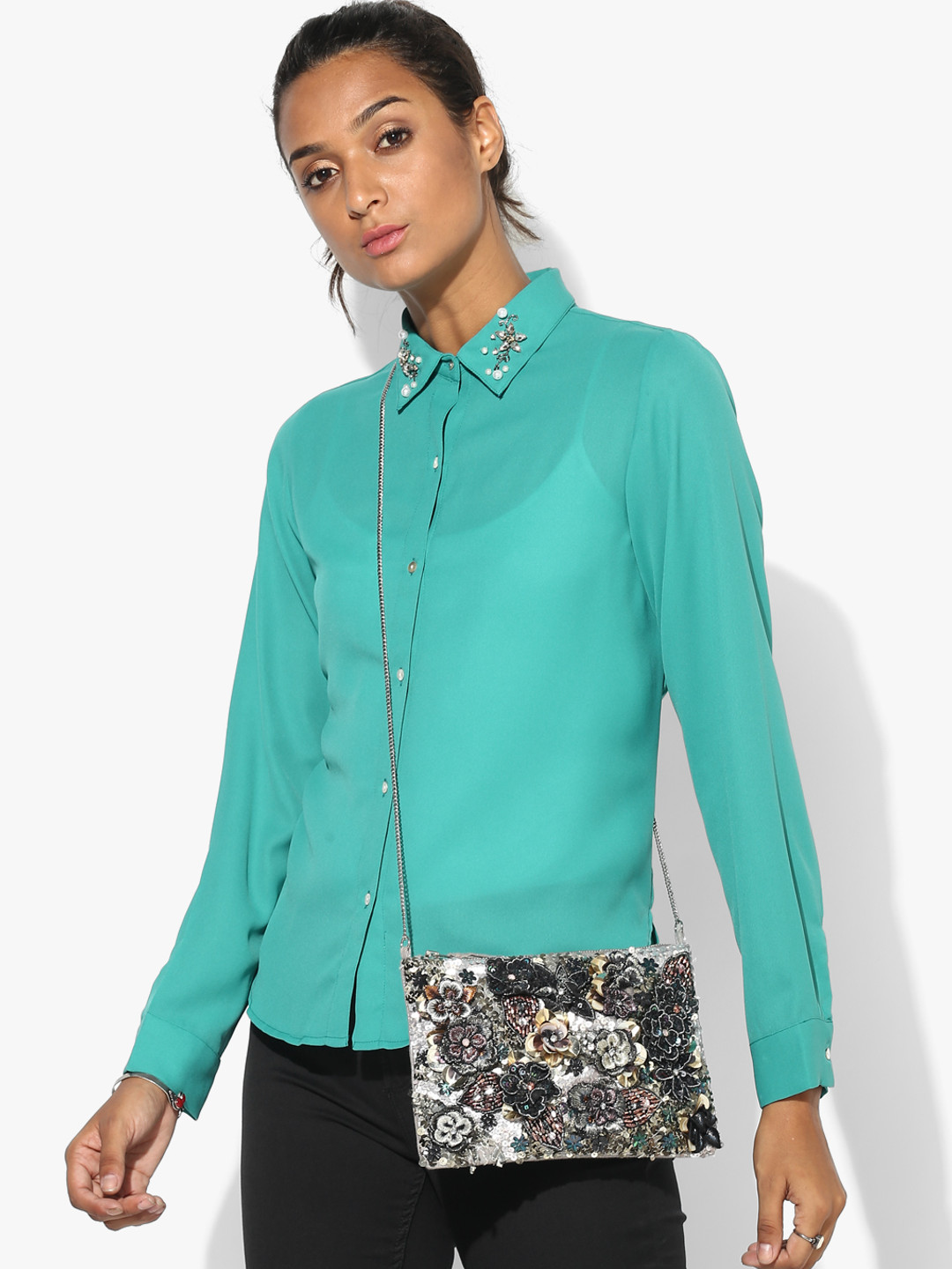 Women Turquoise Blue Floral Shirt With Pants