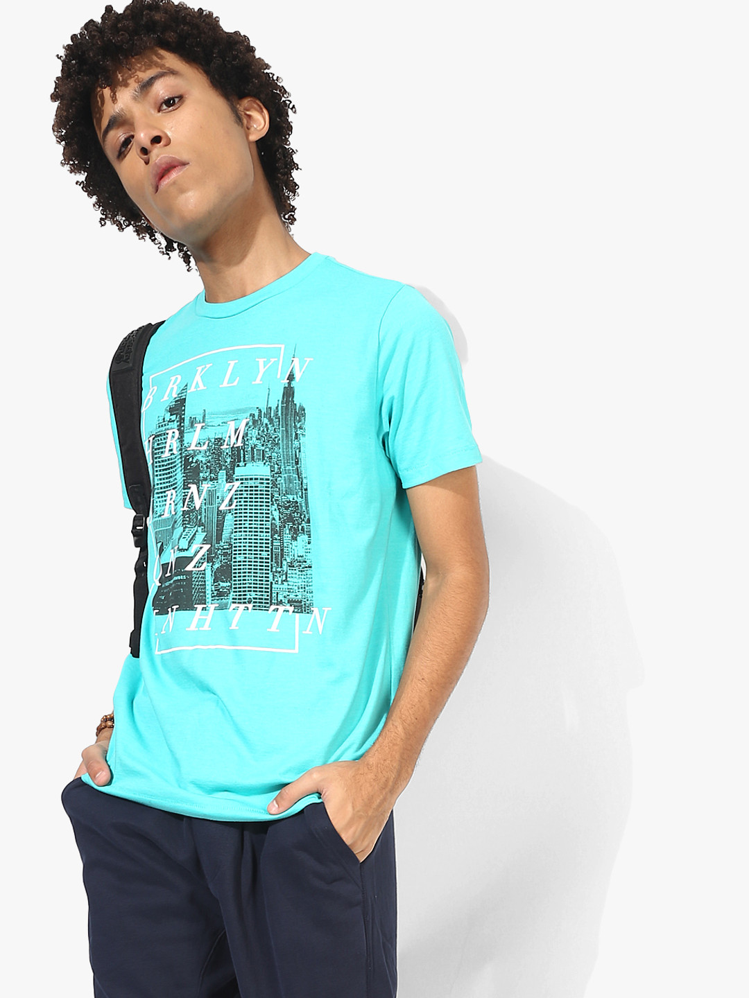 Buy Aqua Blue Printed Regular Fit Round Neck T Shirt Tshirts for Men