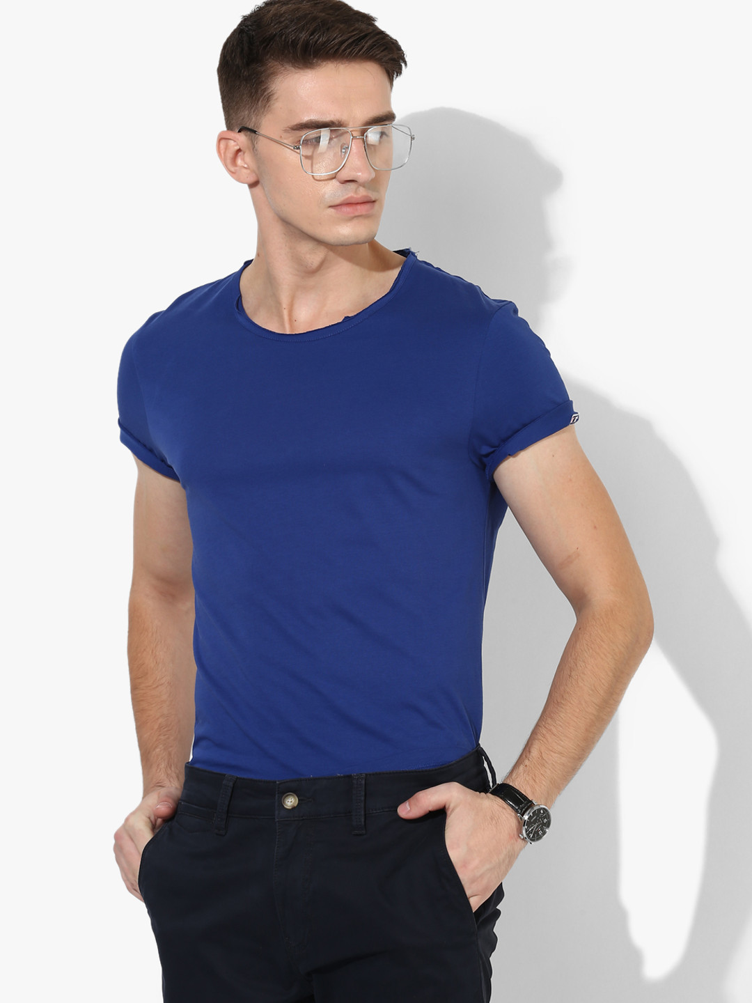 Buy Navy Blue Solid Regular Fit Round Neck T Shirt - Tshirts for Men ...