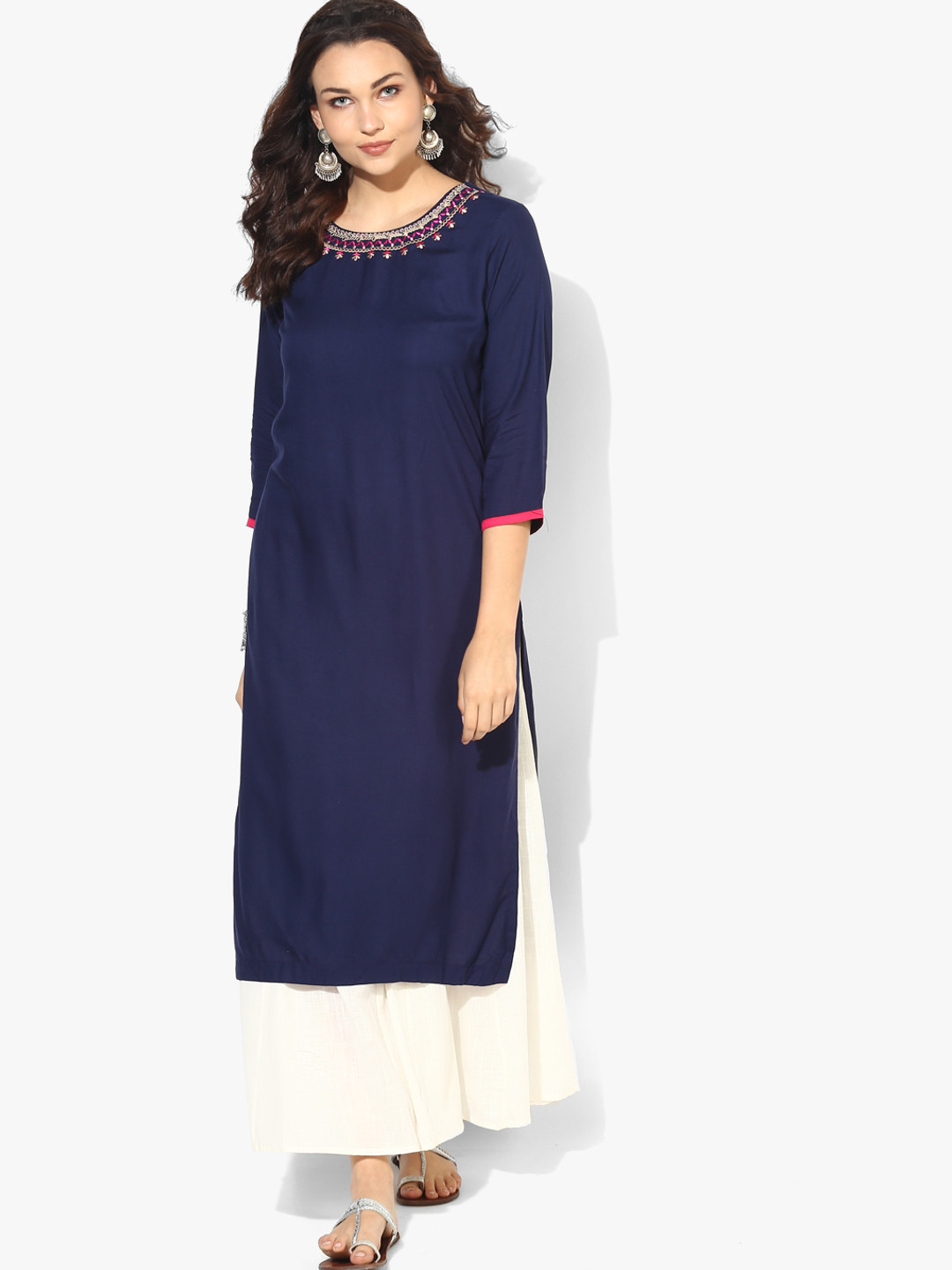 Buy Round Neck Embroidered Rayon Straight Fit Kurta With 3/4Th Cuff