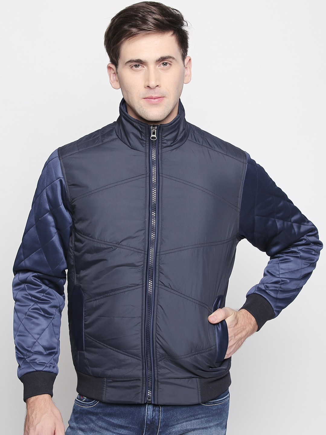 Buy DCot By Donear Men Navy Blue Solid Puffer Jacket - Jackets for Men ...
