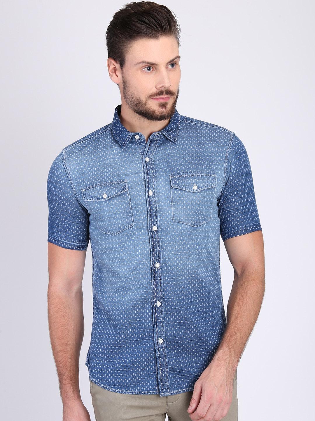 Buy LA LOFT Men Blue Regular Fit Self Design Casual Denim Shirt ...