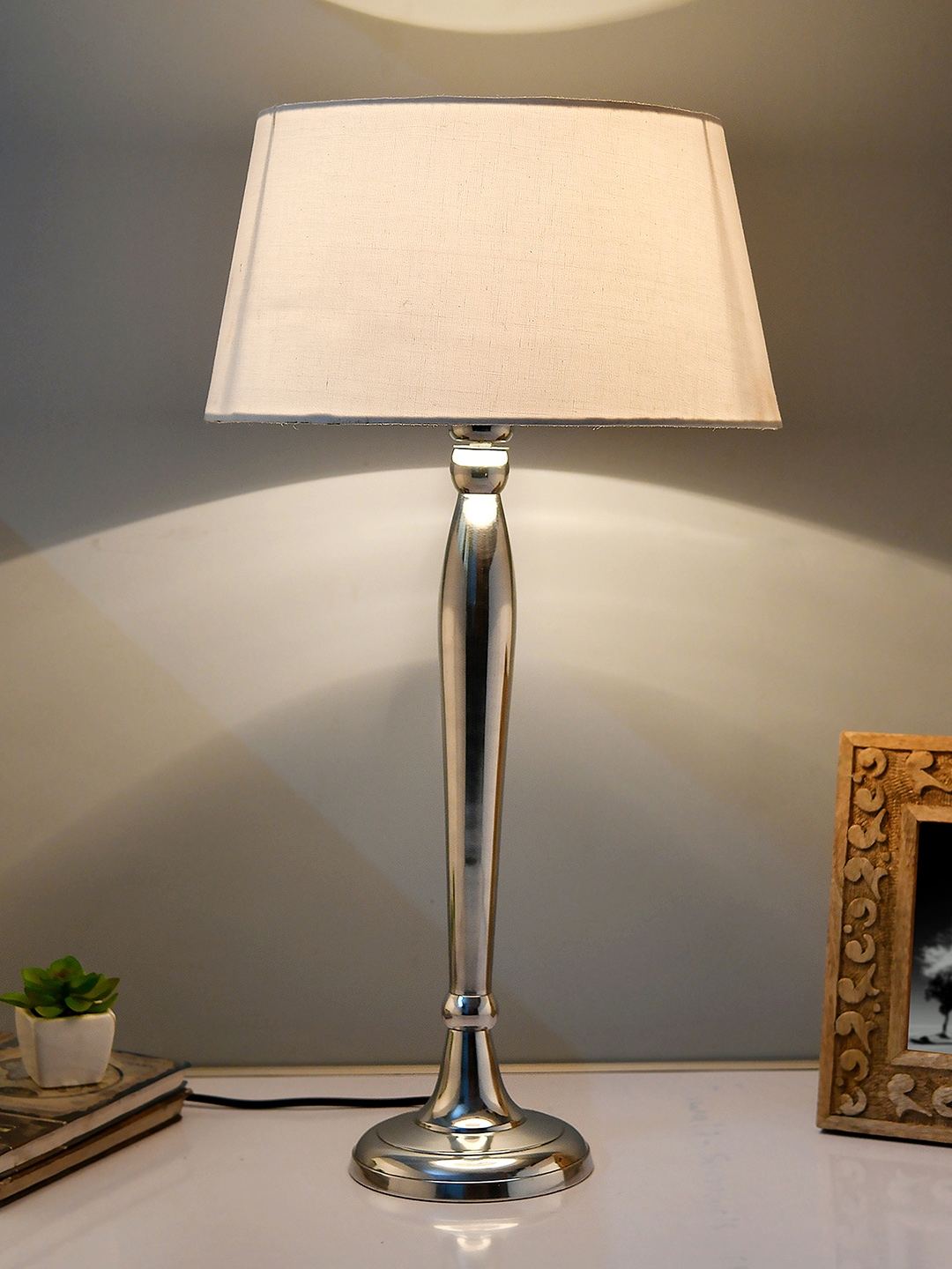 Buy Homesake Silver Toned And White Solid Handcrafted Bedside Standard Lamp Shade Table Lamps 