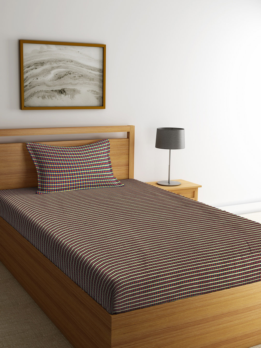 Buy NEUDIS Multicoloured Checked Cotton Single Bed Cover With Pillow