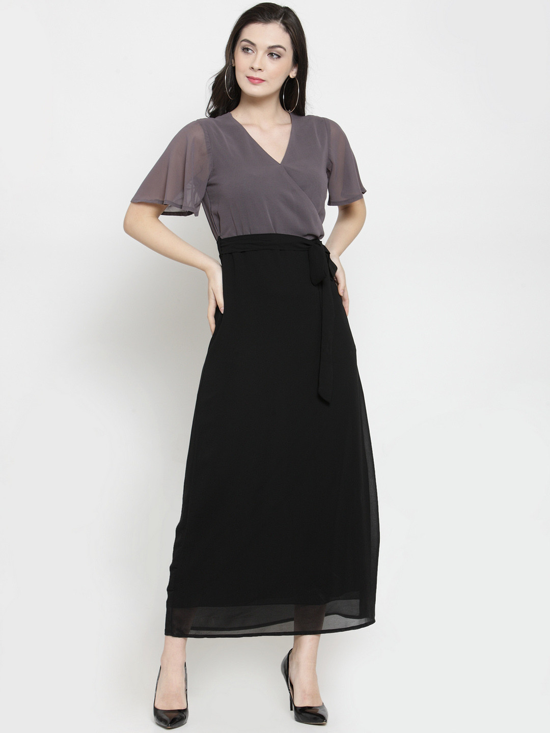 Buy Color Cocktail Women Black & Grey Colourblocked Maxi Dress ...