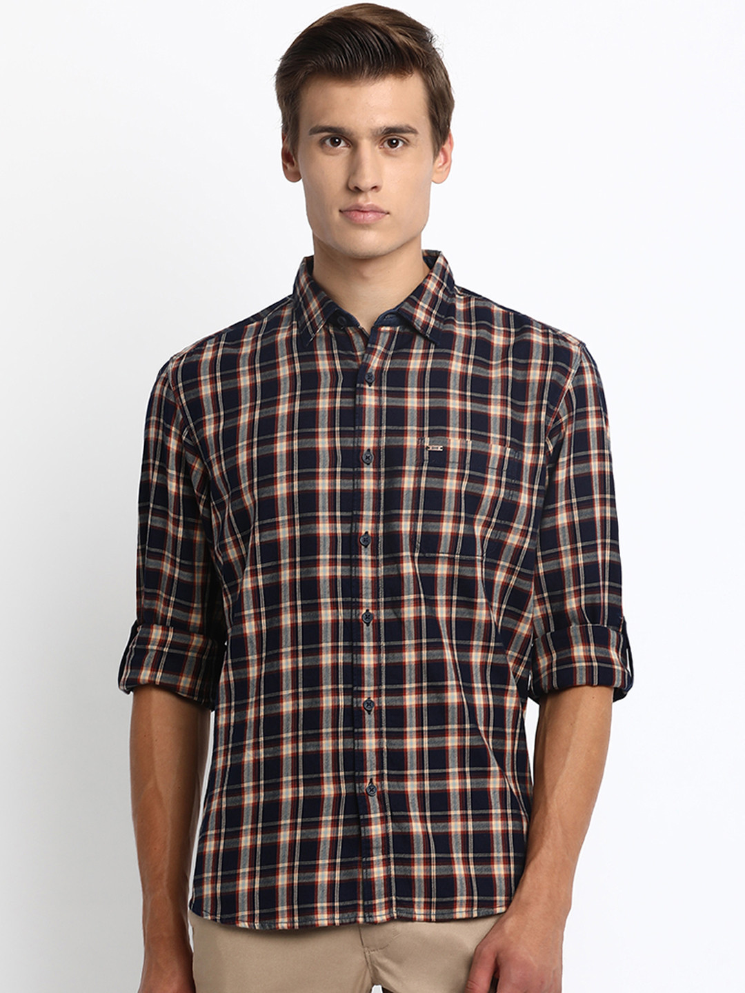 Buy Basics Men Orange & Navy Blue Slim Fit Checked Casual Shirt