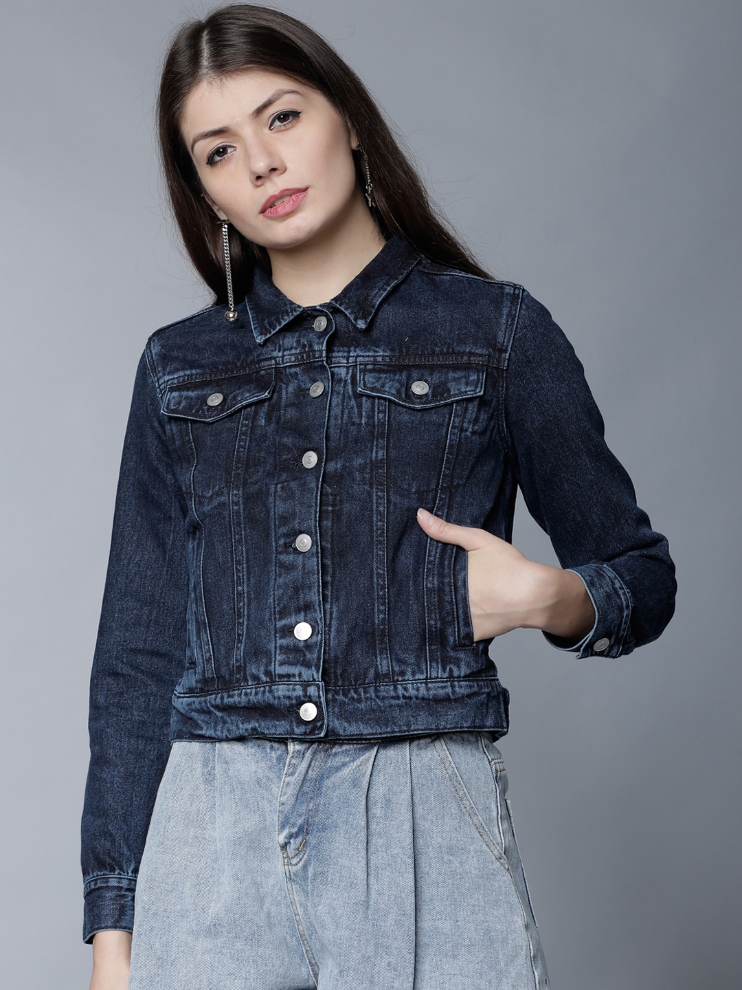 Buy Tokyo Talkies Women Navy Blue Solid Denim Jacket - Jackets for ...