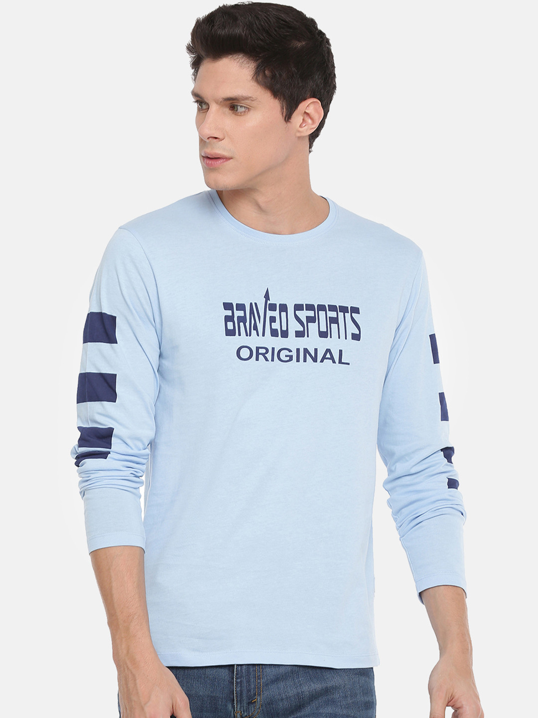 Buy Braveo Men Turquoise Blue Printed Round Neck Slim Fit Pure Cotton T