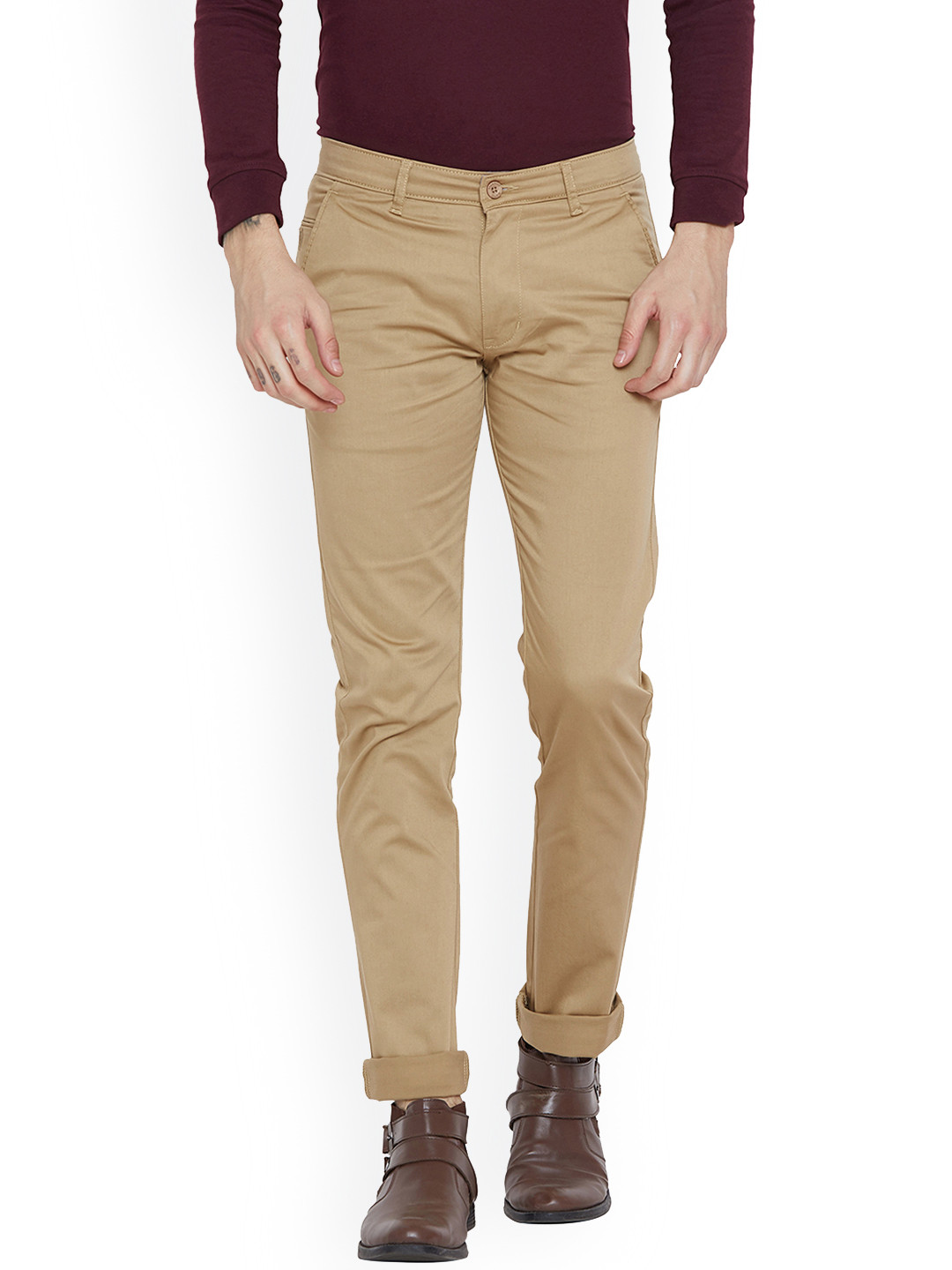 Khaki Slim Straight Fit Regular Collar Long Sleeves Cotton Men's Shirt by Being Human Clothing
