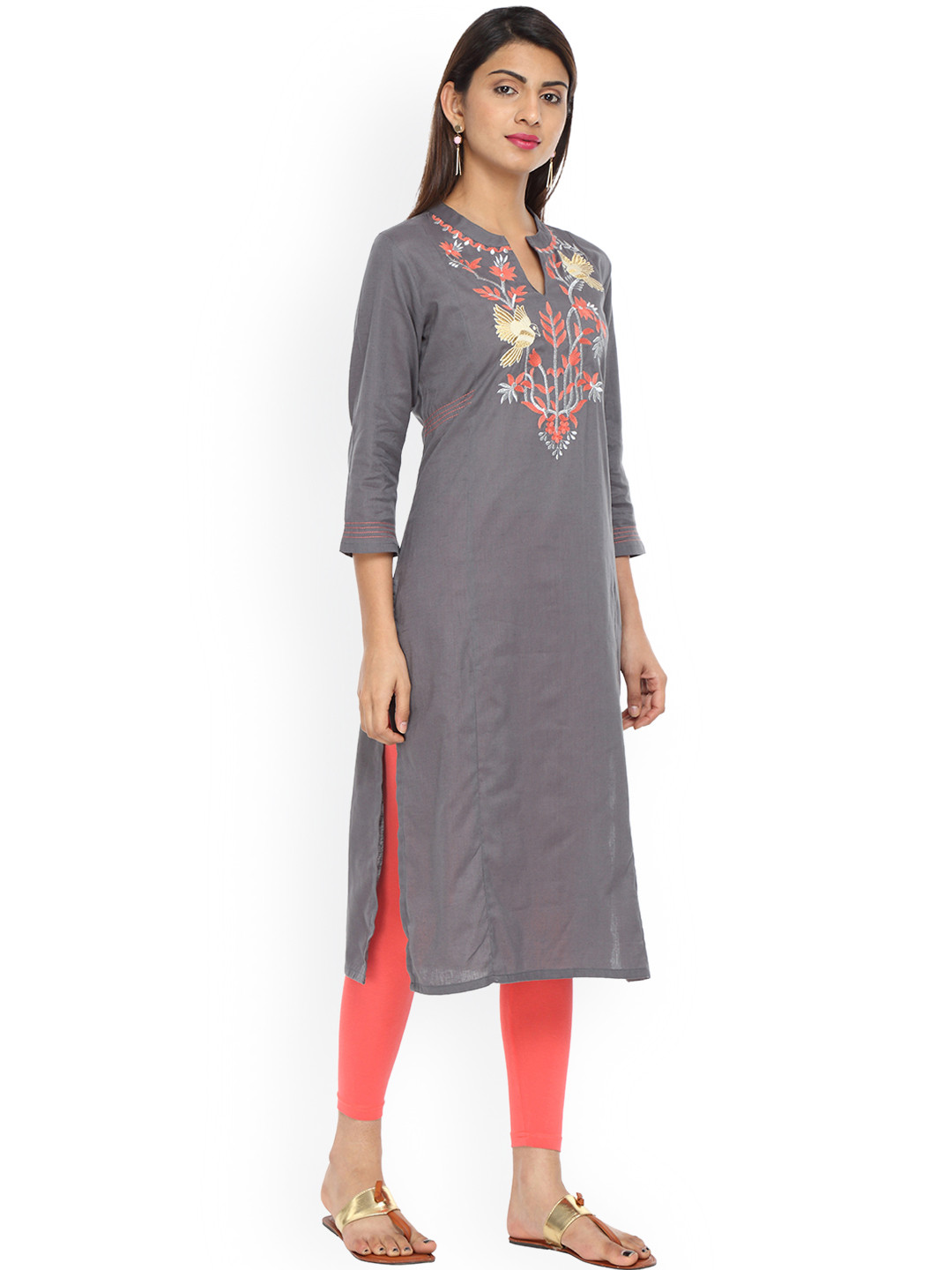 Buy Alena Women Grey Embroidered Linen Straight Kurta Kurtas for