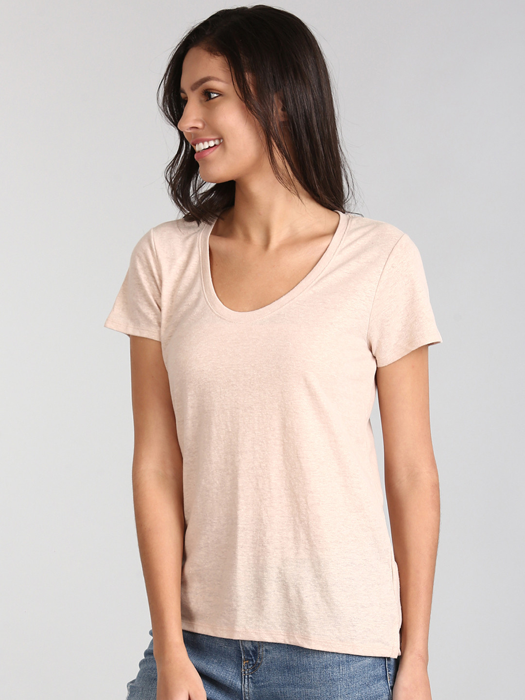 Buy GAP Beige Women Short Sleeve Scoopneck T Shirt In Linen Tshirts