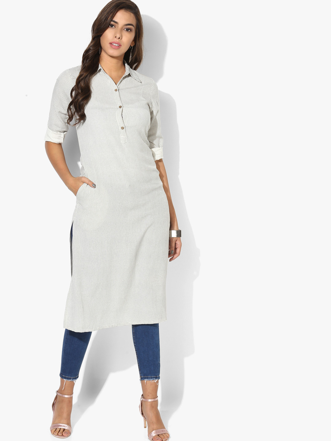 Buy Shirt Collar Plain Kurta With 3/4th Sleeves Kurtas for Women