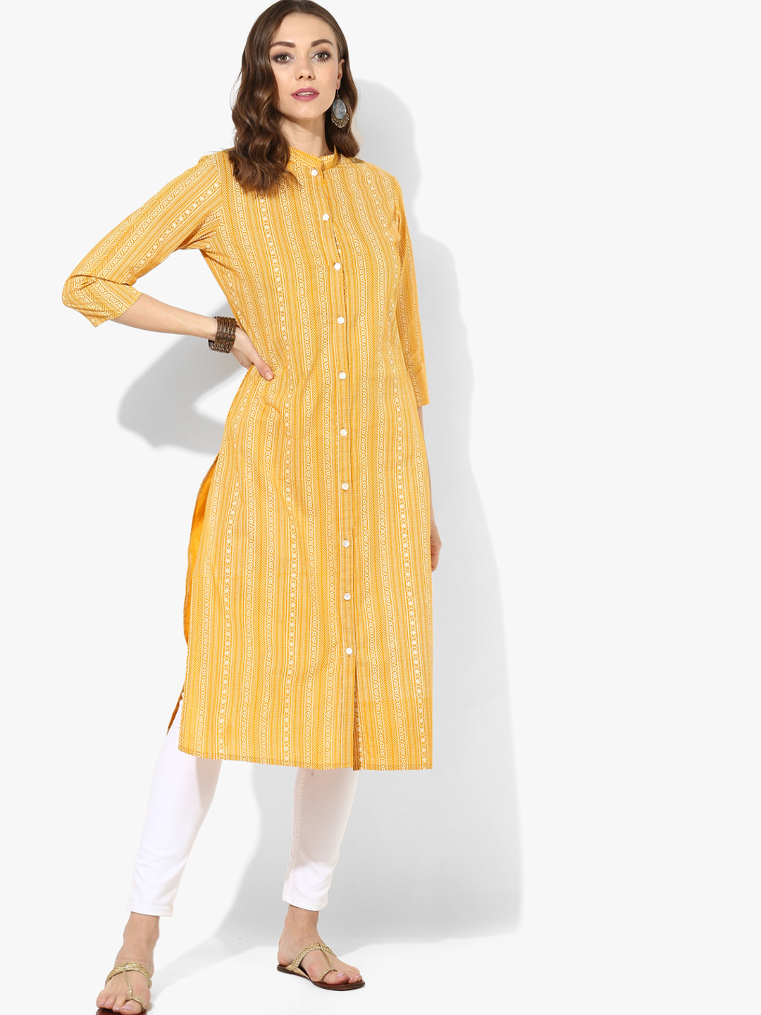 Buy Khadi Printed Band Collar A Line Kurta With Full Button Placket And