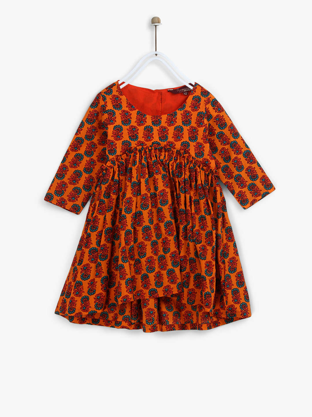 Buy Kids Round Neck Orange Printed Dress With 3/4Th Sleeves Dresses
