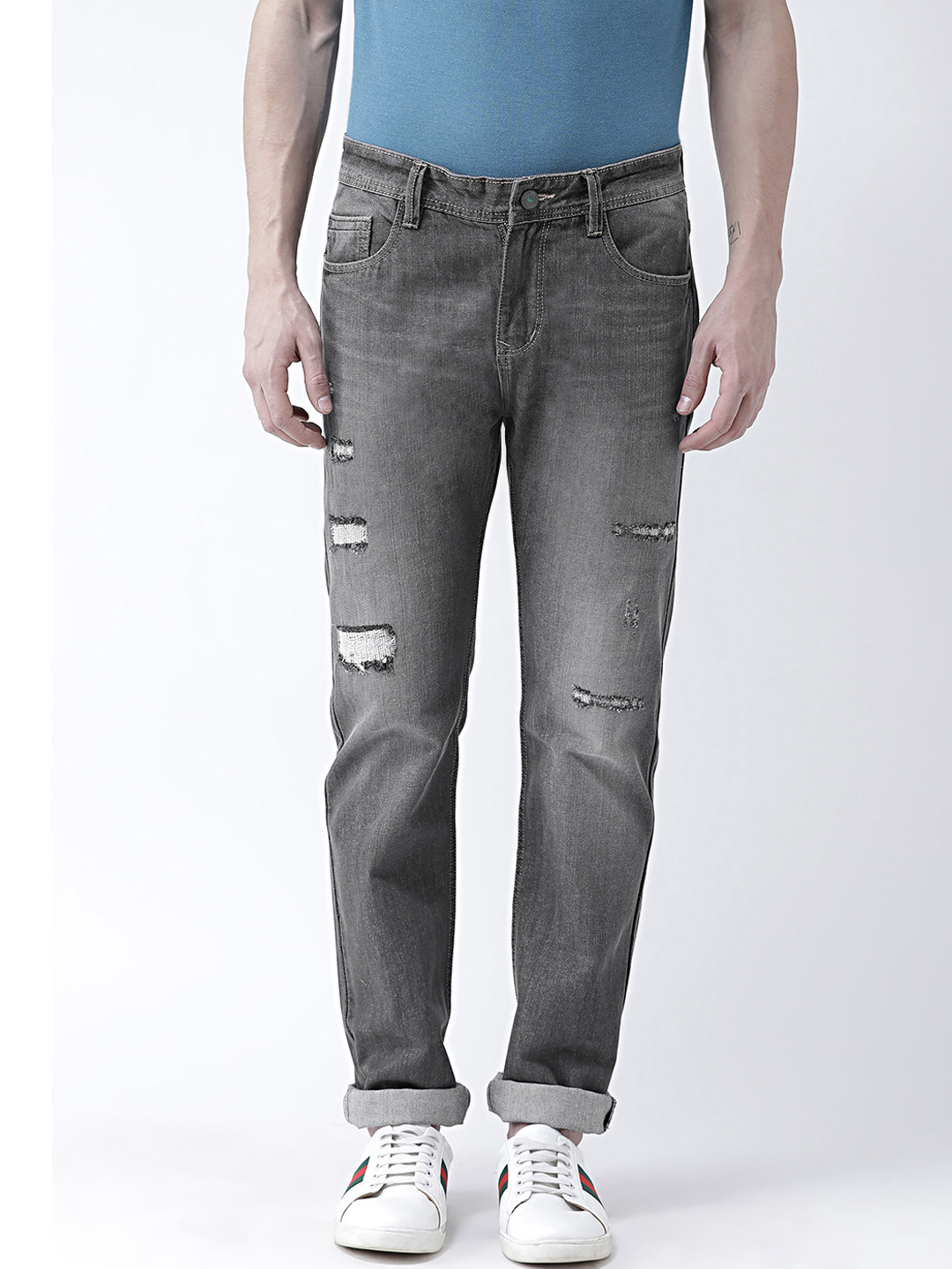 Buy FEVER Men Grey Straight Fit Mid Rise Mildly Distressed Jeans