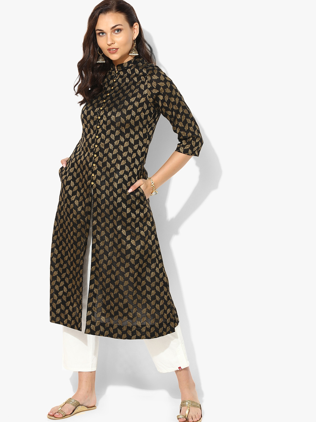 Buy Band Collar Textured Full Placket Kurta With 3/4Th Sleeves Kurtas