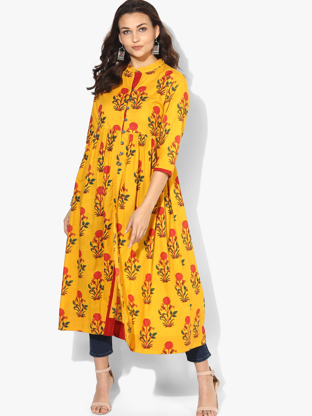 Buy Band Collar Printed Flared Hi Low Hem Kurta With 3/4Th Sleeves Kurtas for Women 7171629