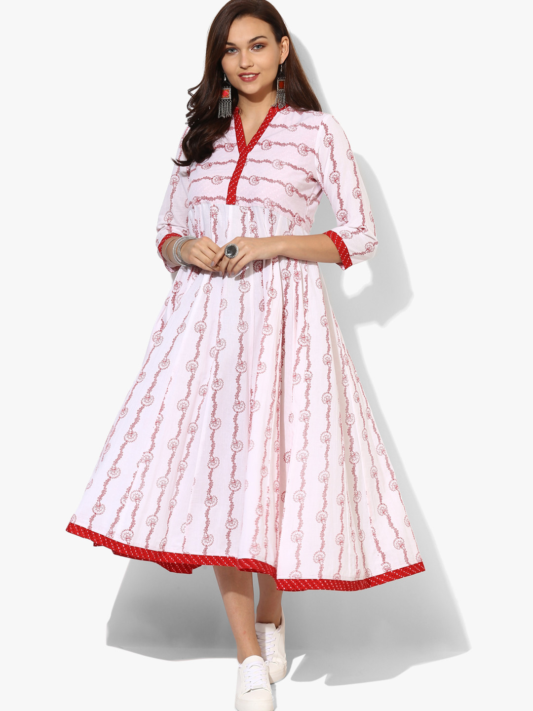 Buy Mandarin Collar Printed Paneld Anarkali With 3/4Th Sleeves Kurtas